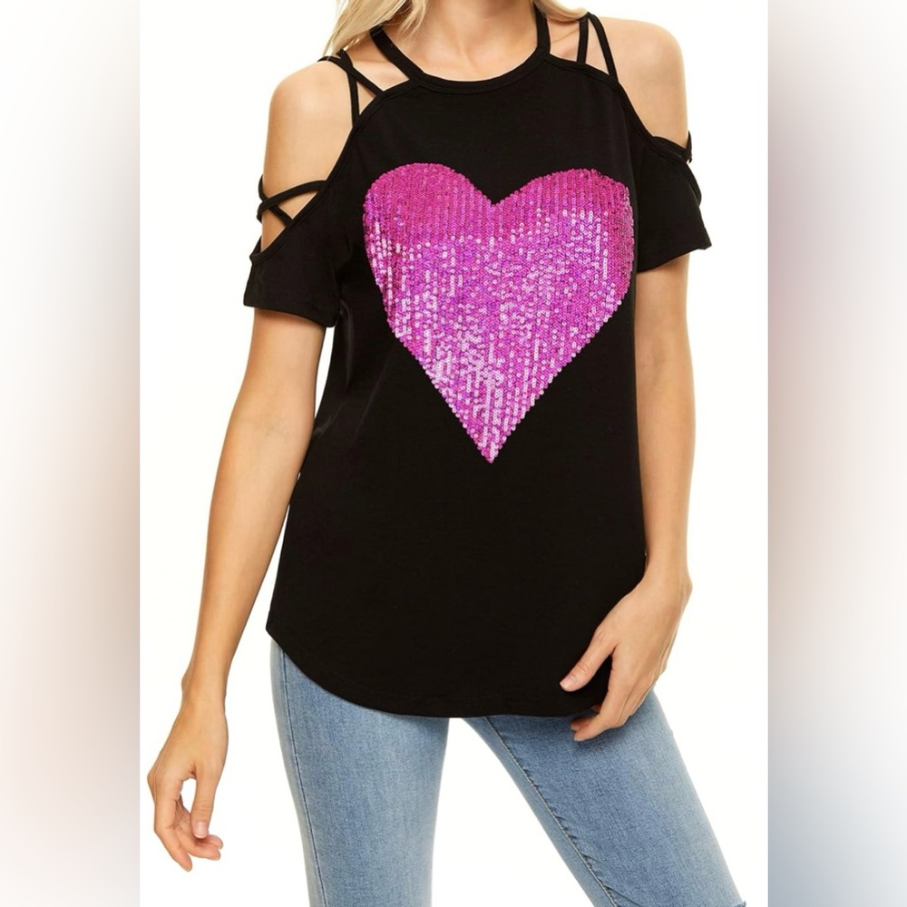 Valentine's Day 💘 PESION Womens Off The Shoulder  Sexy Shiny Short Sleeve Top